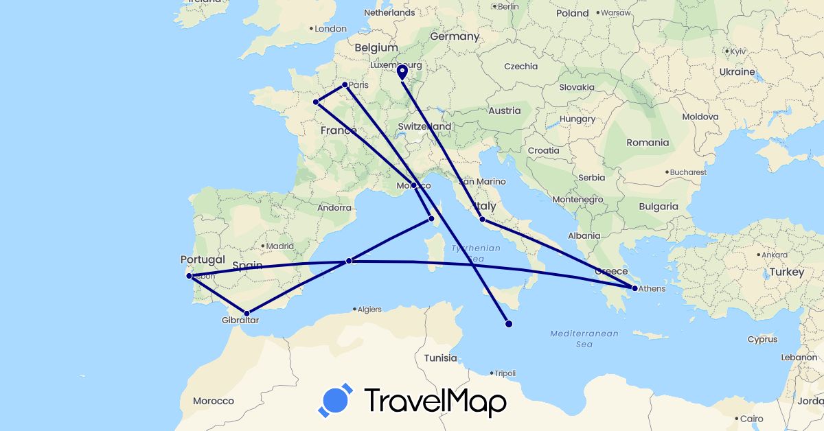 TravelMap itinerary: driving in Spain, France, Greece, Italy, Monaco, Malta, Portugal (Europe)